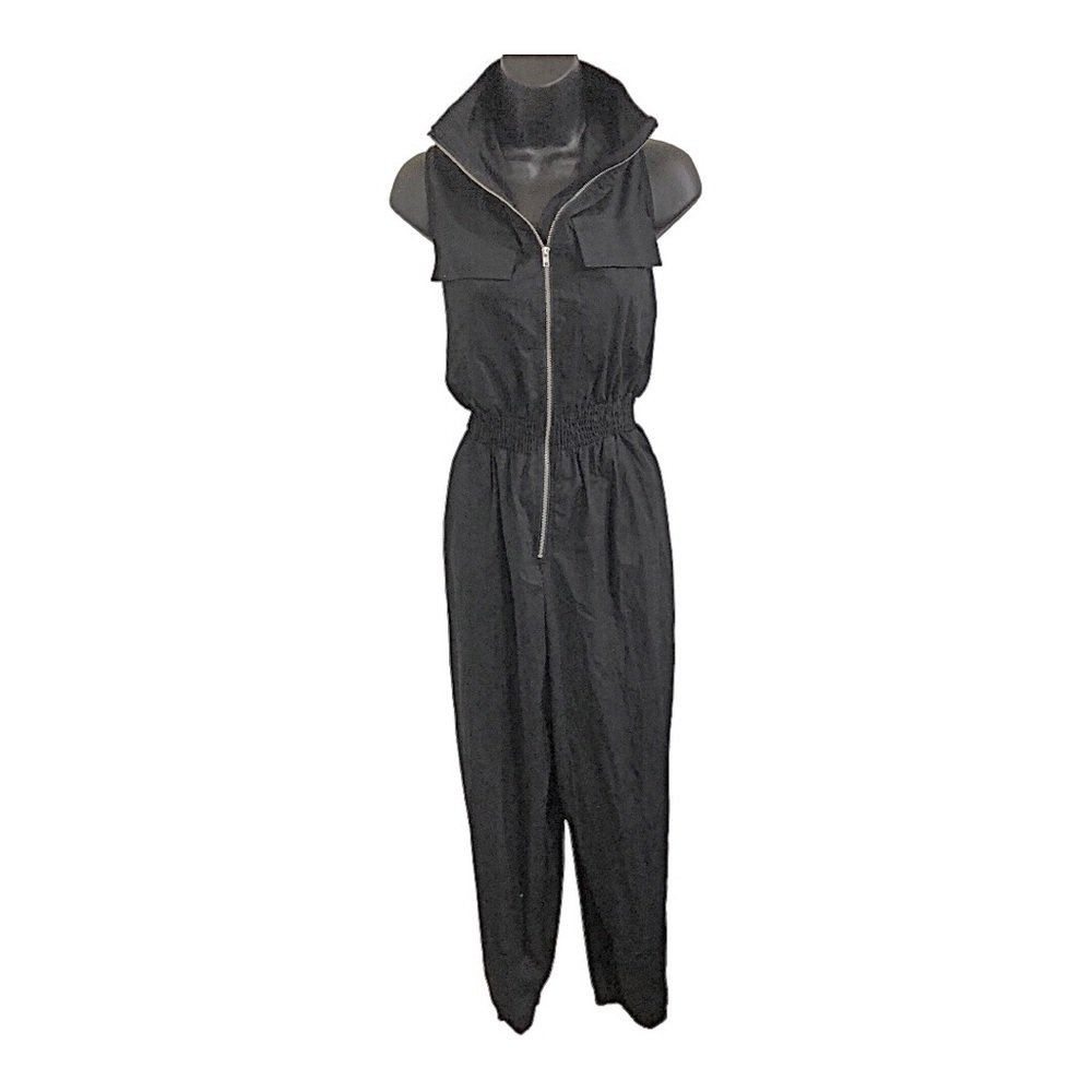 Black zip up sleeveless high collar elastic smock waist jogger jumpsuit size L
